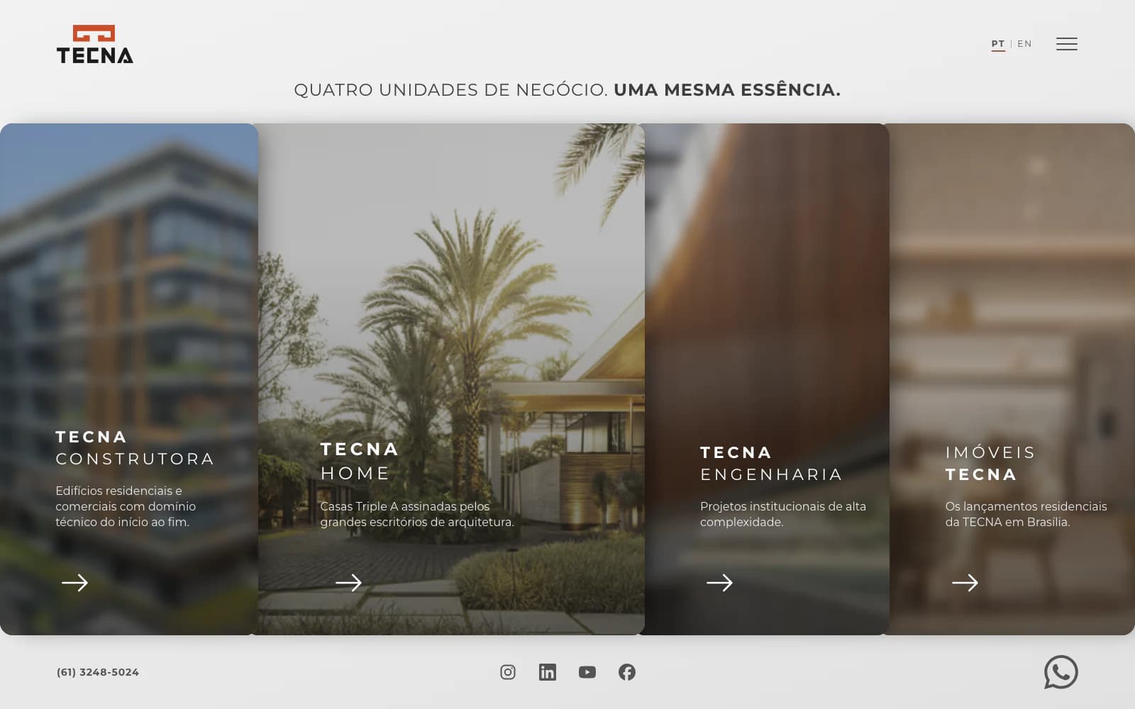 TECNA — commercial website — HUB — the four business units; the focused card goes sharp, the rest stay blurred