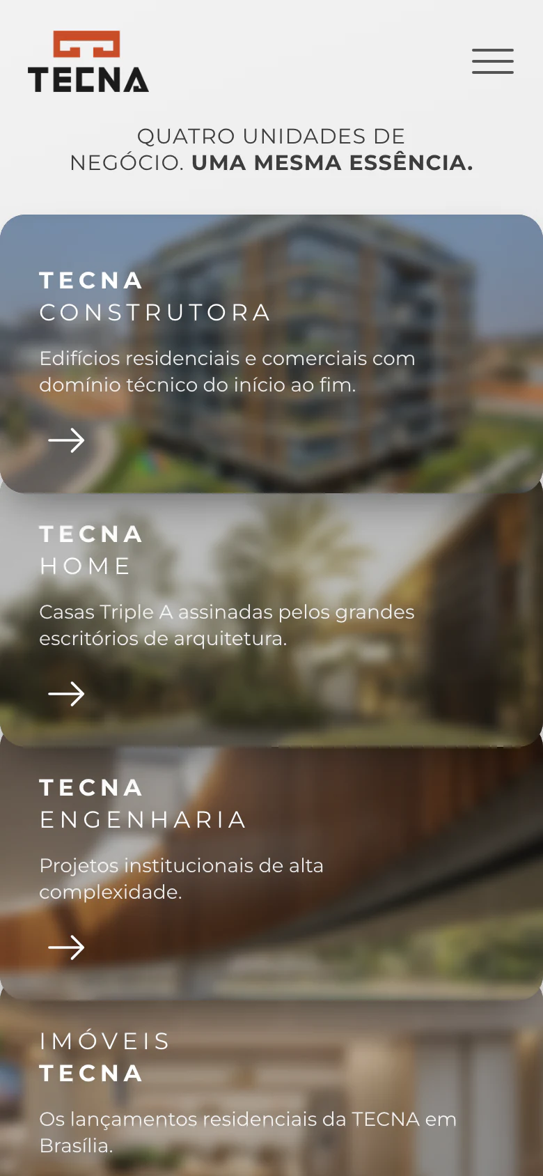 TECNA — commercial website — HUB on mobile — the cards stacked